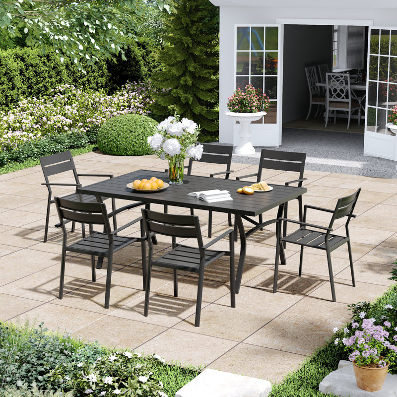 Ensemble repas d'extérieur rectangulaire pour 6 personnes avec fauteuils empilables, Noir