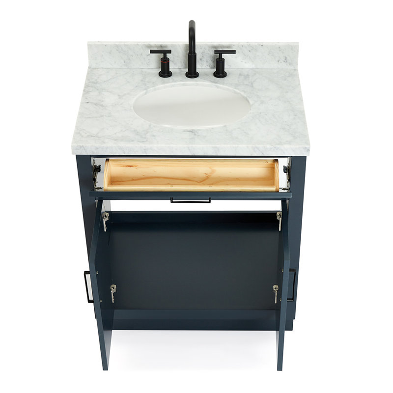 Meuble-lavabo simple en bois massif 30 po avec plateau en marbre de Carrare 1,5 po Tidworth, Bleu minuit / noir mat, Ovale