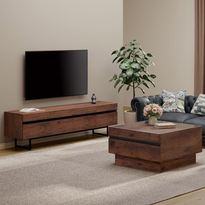 Reiners Modern TV Stand And Coffee Table Set Of 2, Storage Entertainment Center For Tvs Up To 100 Inch, Square Center Table With Tempered Glass And Storage Drawers For Living Room, Brown