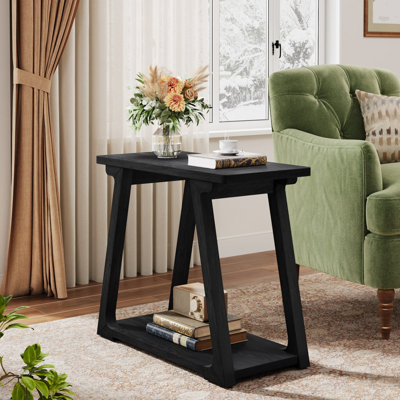 Farmhouse Narrow Side Table, Solid Wood End Table With 2-tier Storage, 1, Black