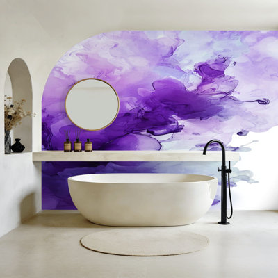 Papier peint à peler et coller abstrait, encre mauve, nuage, fluide, aquarelle douce, art mural, peintures murales blanches, H 100 po x l 144 po, papier mural amovible en PVC, autocollant, pour chambre à coucher, salon, bureau à domicile