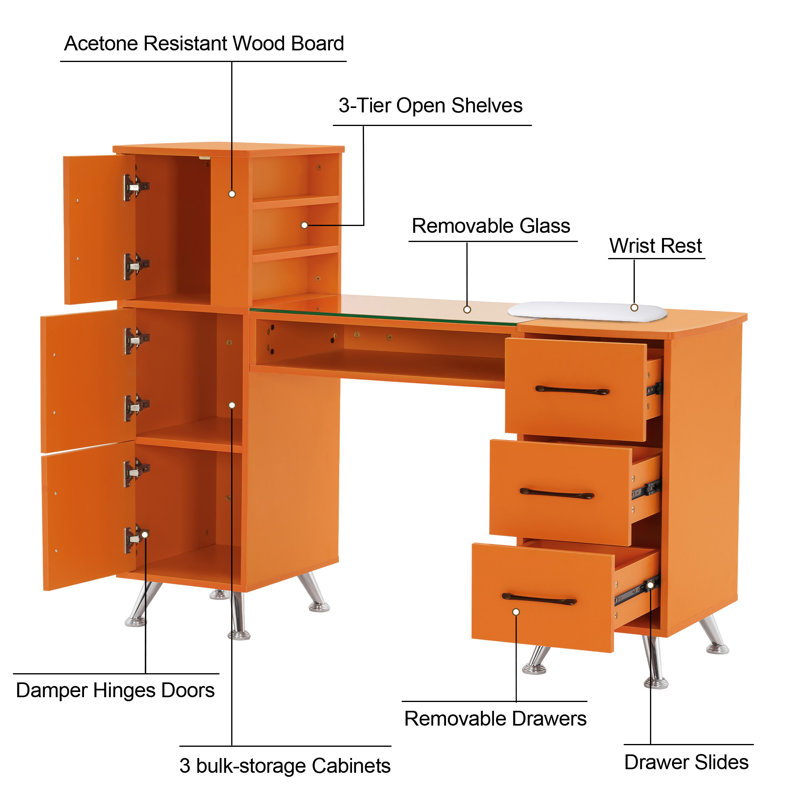 Classic Manicure Table with Glass Top, Nail Desk with Drawers, Vanity Makeup Desk
