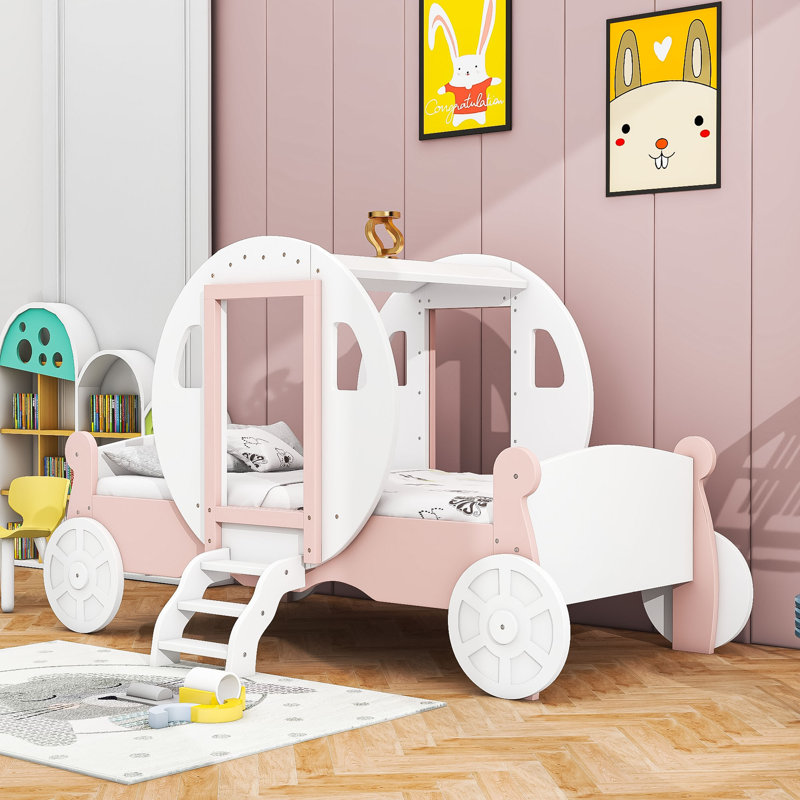 Lit voiture simple avec lattes Alania, Rose blanc