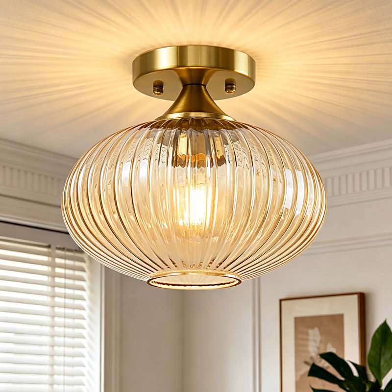 Vintage Green Ribbed Glass Flush Mount Ceiling Light - Gold Finish, E26 Compatible For Entryway, Hallway, Bedroom & Living Room