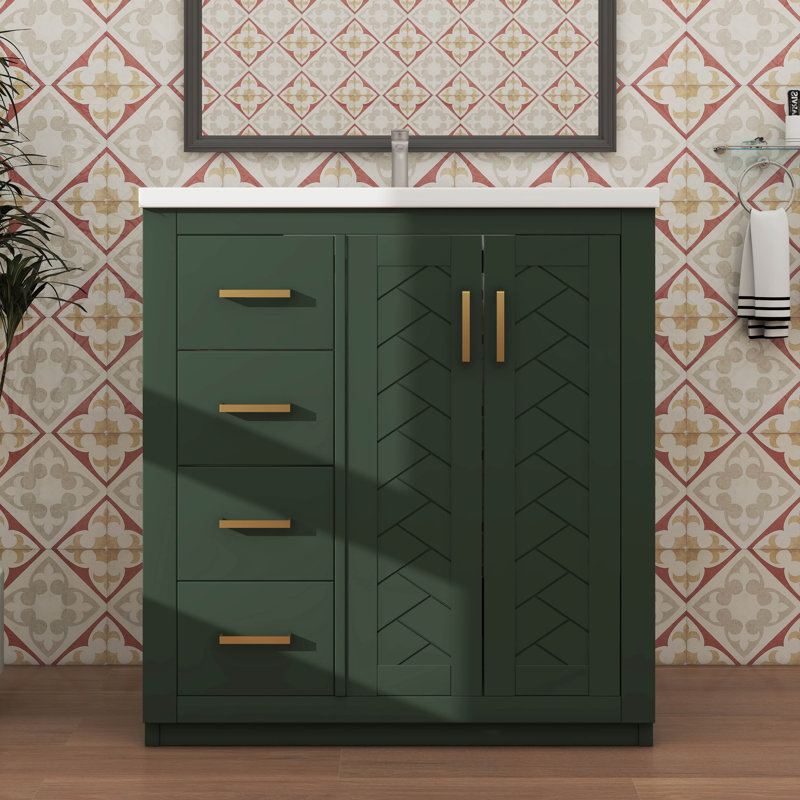 Armoire de rangement de meuble-lavabo simple autoportant moderne 30 po à 3 tiroirs, Vert, Doré