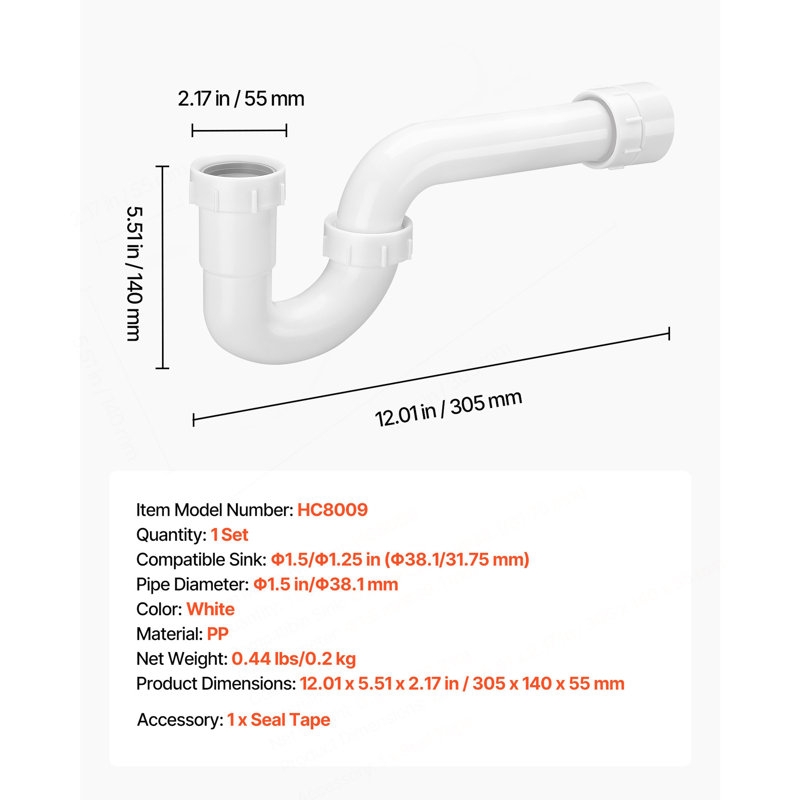 P-Trap, 1-1/2 Inch P Trap Sink Drain Pipe Kit With Threaded Adapter And TPU Leak-Resistant Washers, PP Plastic Pipe Basin Waste Kit, Under Sink Plumbing For Kitchen Bathroom Sewer Drain, White