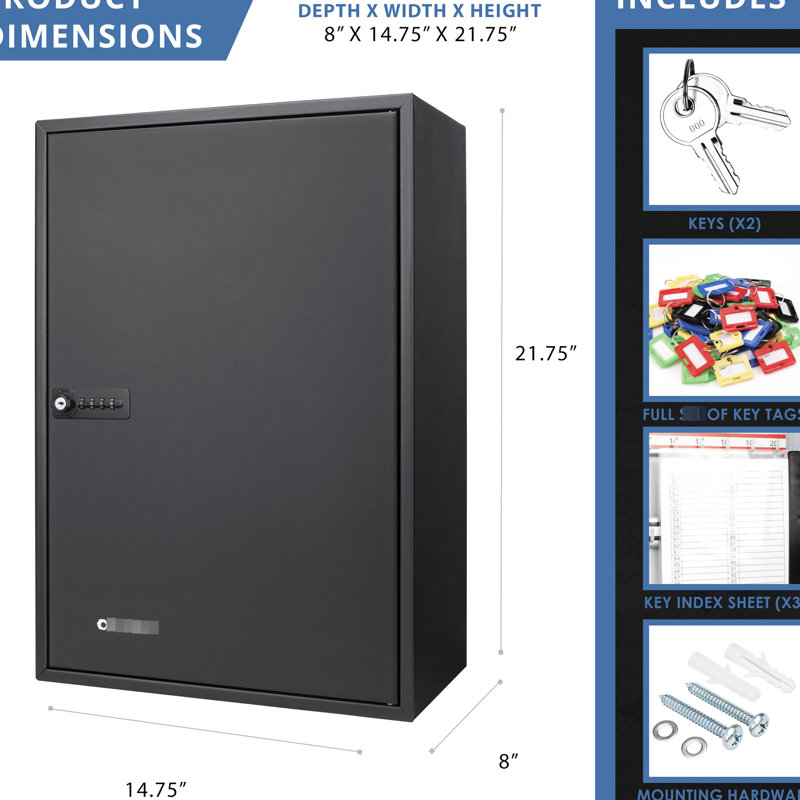 Combination Lock Key Cabinet - 300 Capacity, Black Steel, Wall Mount For Easy Organization Mounted With Keys And Colorful Tags Lock, Adjustable