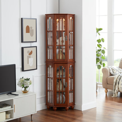 Vitrine de coin avec 4 tablettes réglables en verre trempé et système d'éclairage, pieds en bois massif, panneau arrière en miroir en acrylique (ampoule E26 non incluse)