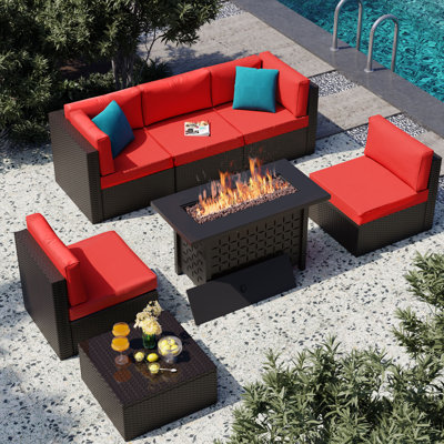 Ensemble de patio d'extérieur en rotin 7 pièces avec foyer