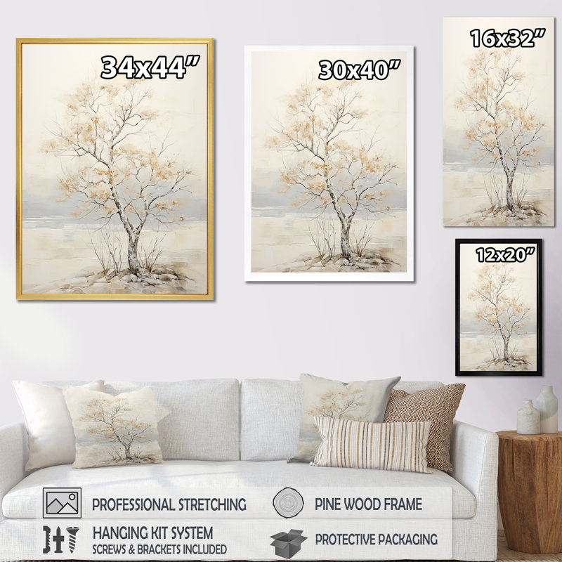 «Minimalisme», arbre d'érable beige Melody I sur toile, Cadre flottant noir, H 44 po x l 34 po x P 1,5 po