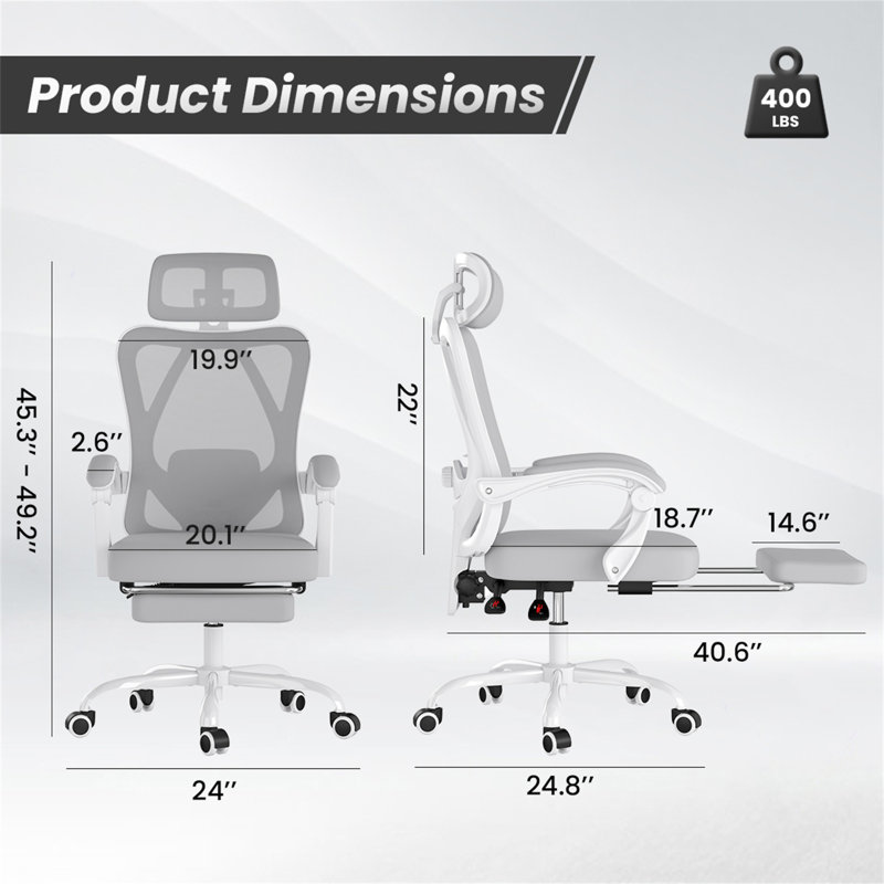 Chaise de bureau ergonomique avec repose-pieds, Gris, Blanc
