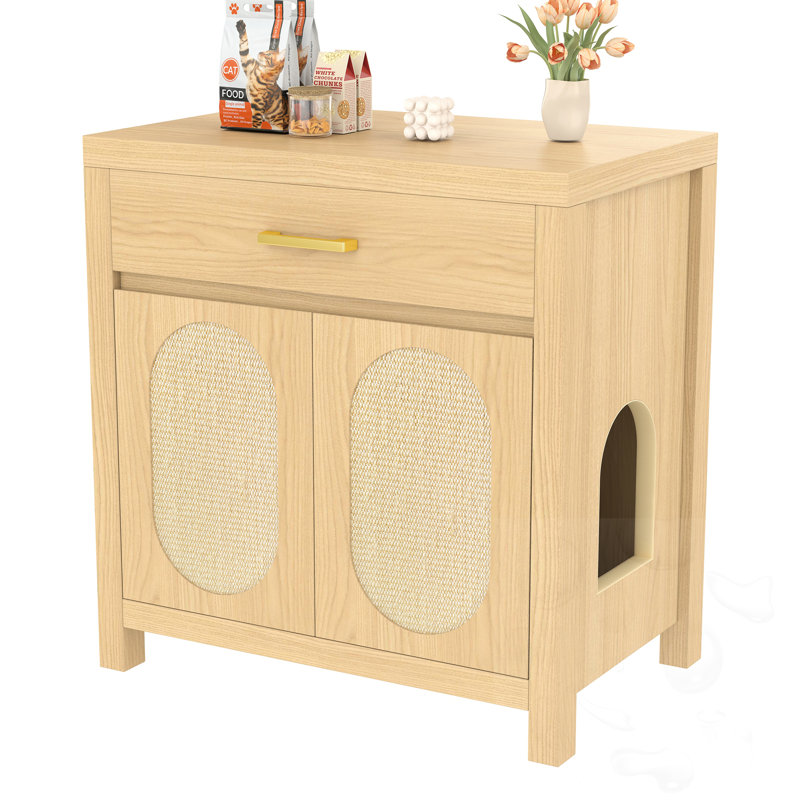 Enceinte de litière pour chat avec portes à griffes et tiroir de rangement, Naturel