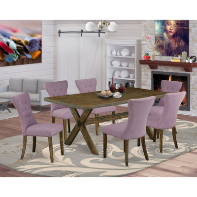 Ensemble de salle à manger 7 pièces composé d'une table de salle à manger rectangulaire avec pieds en X et 6 chaises Parson rembourrées en lin Dahlia
