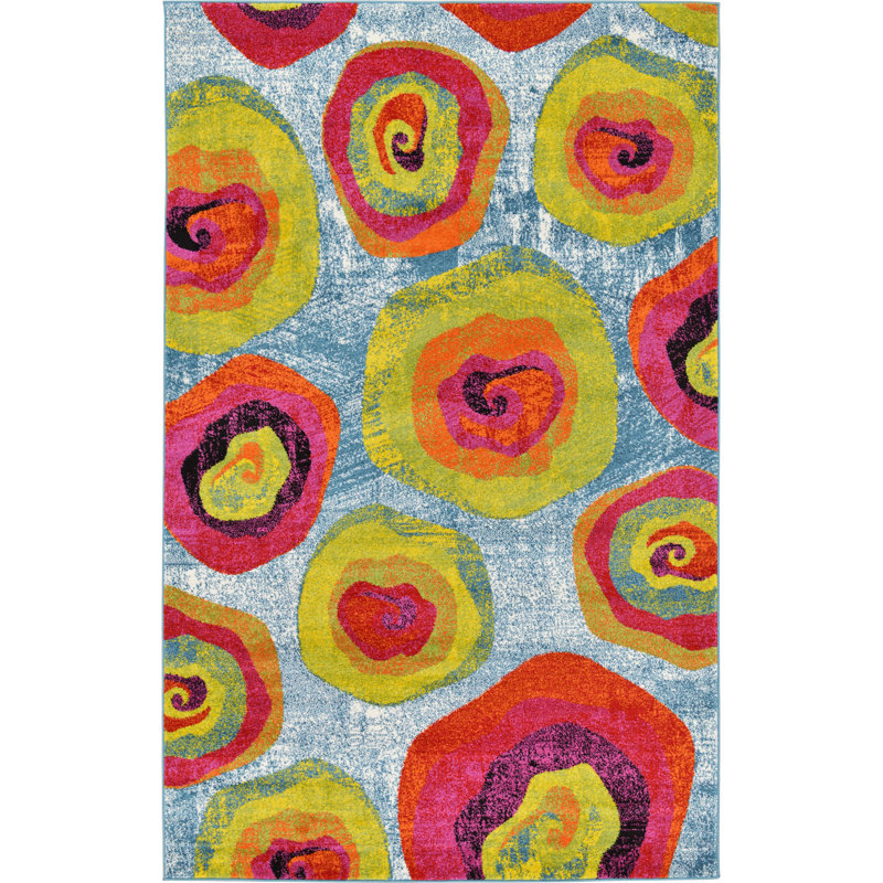 Elvia Abstract Blue/Red/Yellow Area Rug, Rectangle 3'3" x 5'3"