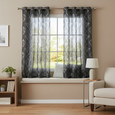 Foil Leaves Print Voile Sheer Curtains, Wicker Grommet Top Window Curtain Drapes Kit, Luxury Metallic Bronzing Treatment Panels For Home Window Decoration, 2 Panels,39.3X98.43Inch