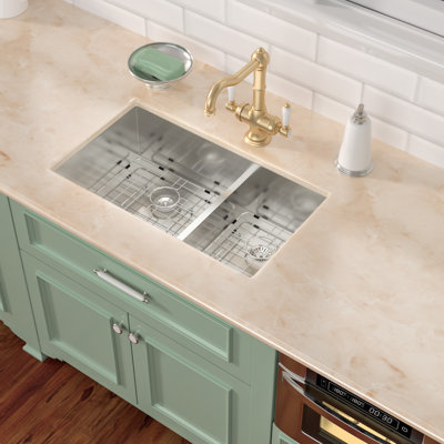 Undermount Double Bowl Stainless Steel Kitchen Sink with Basket Strainers and Sink Grids