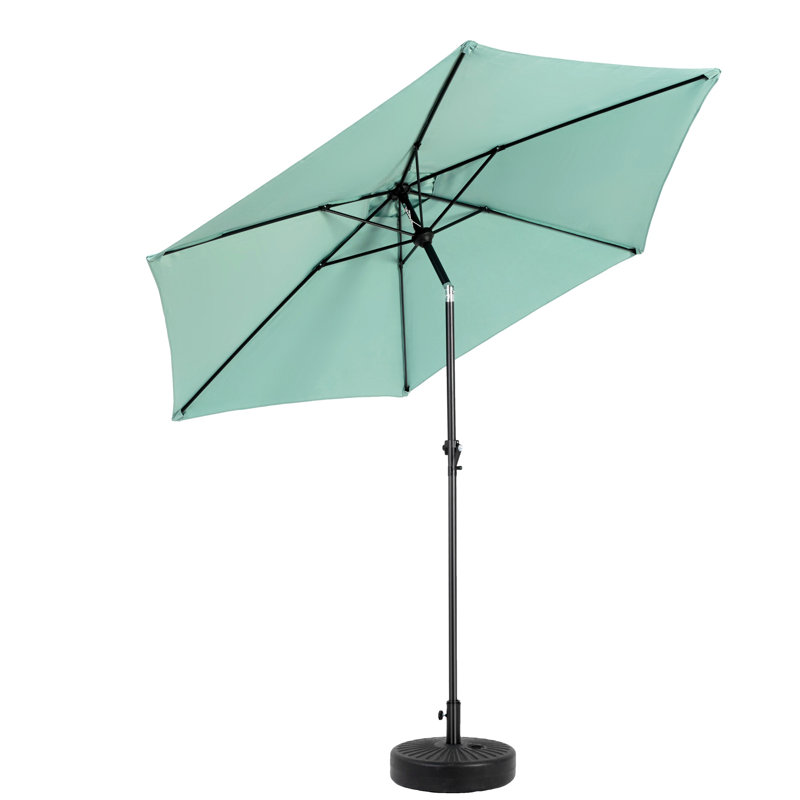 Parasol de table d'extérieur 9 pi avec parasol à bouton-poussoir et manivelle, parasol de marché 6 côtes robustes, terrasse, cour, piscine (base non incluse) (parasol de patio)