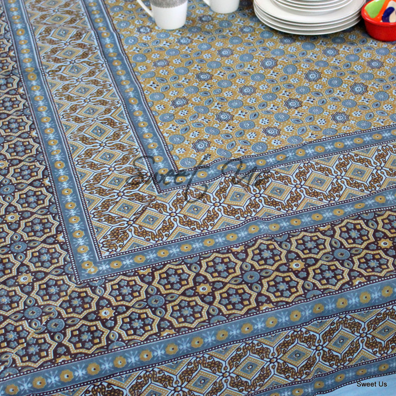 Cotton Geometric Tablecloth Rectangle Gold Kitchen Dining Linen, 104" x 88", Blue