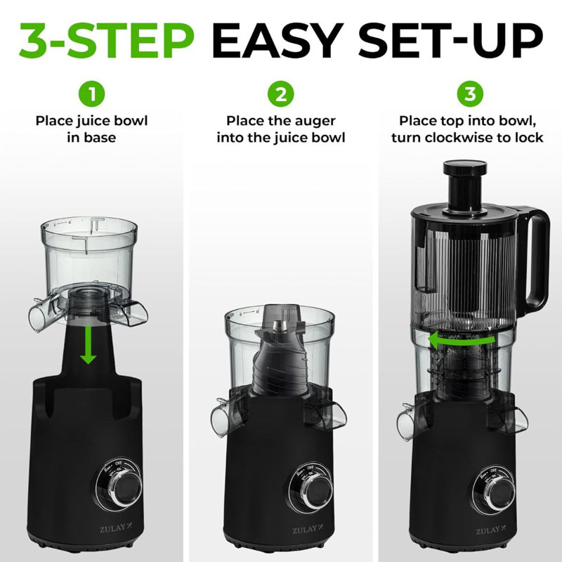 Zulay Kitchen Cold Press Juicer 5" Wide Chute, 50 Rpm Slow Masticating Juicer For Less Oxidation Patented For High Juice Yield, 4-part Filtration, Stainless Steel Blades For Whole Fruits & Vegetables - Black