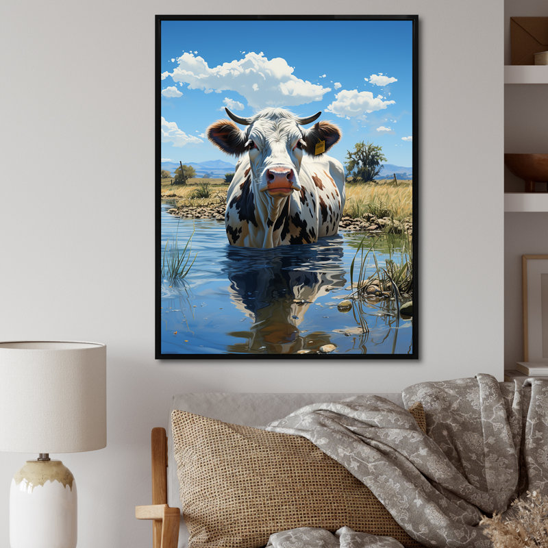 «Cow in Tranquil Pasture», reproduction sur toile, H 40 po x l 30 po x P 1,5 po, Cadre flottant noir