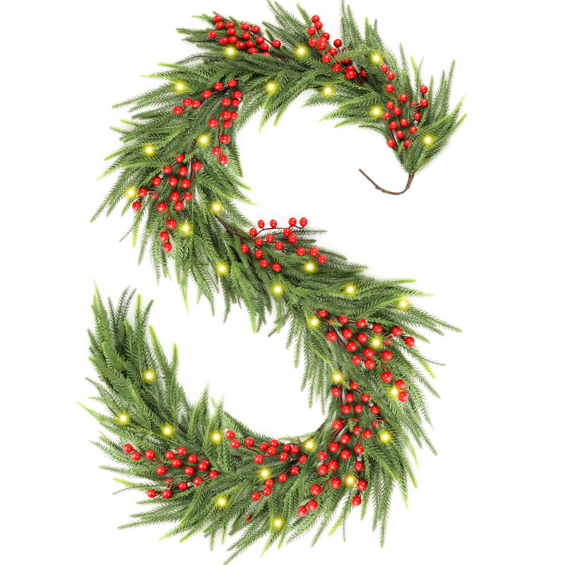 2 pièces de décoration de Noël 108 po avec bouts en plastique, vignes et baies rouges, pommes de pin pour