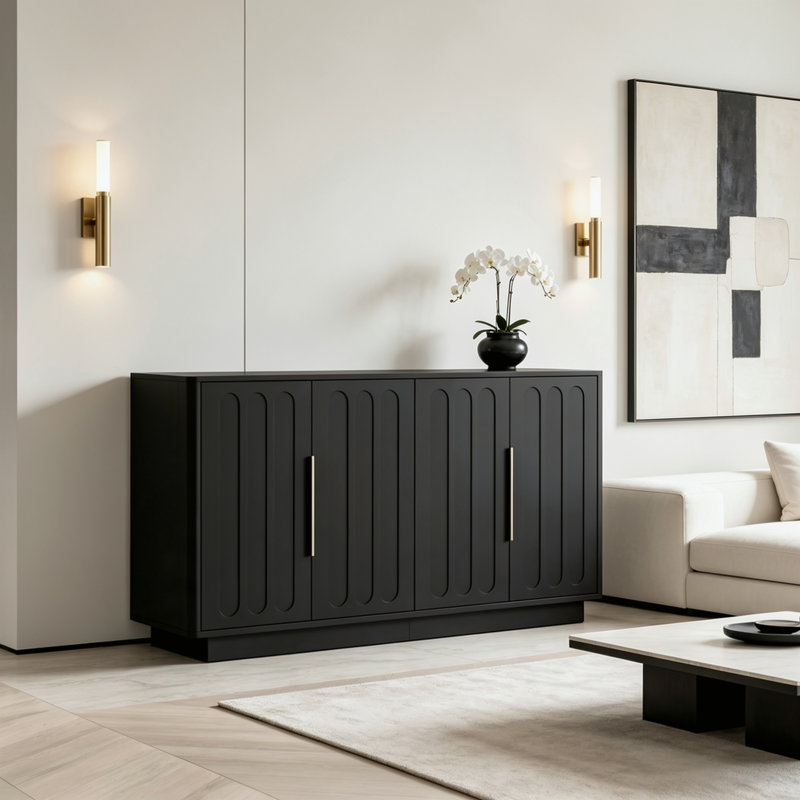 Buffet/meuble console moderne noir cannelé de 140 cm de large, style Art déco, avec grand espace de rangement dissimulé et étagères réglables pour cuisine, salle à manger ou salon.