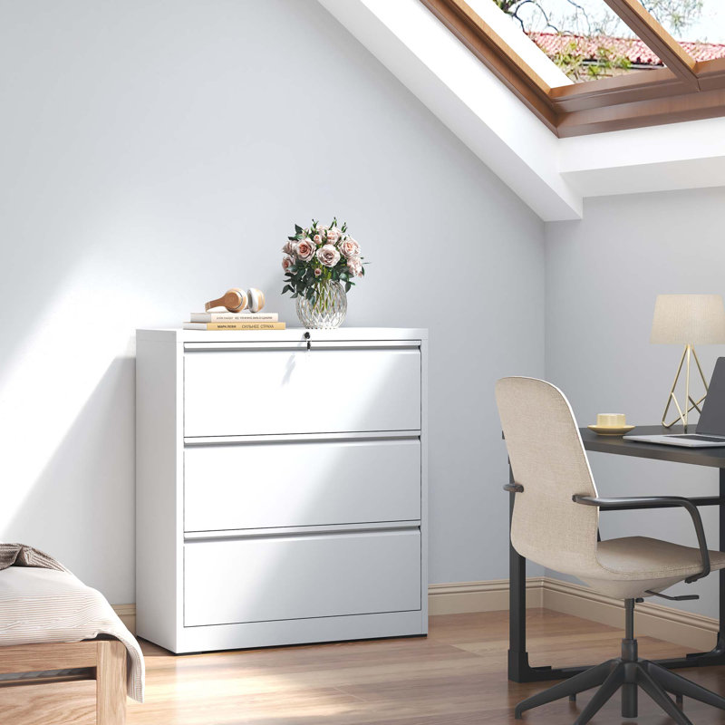 White 3-Drawer Lockable Metal Lateral Filing Cabinet