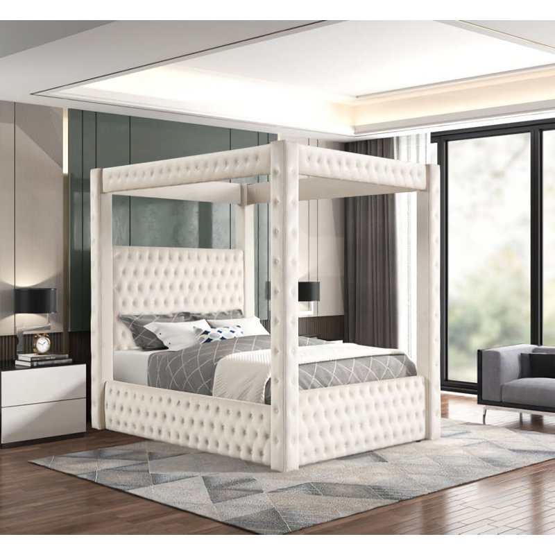 Valesia Upholstered Canopy Bed, Ivory, Queen