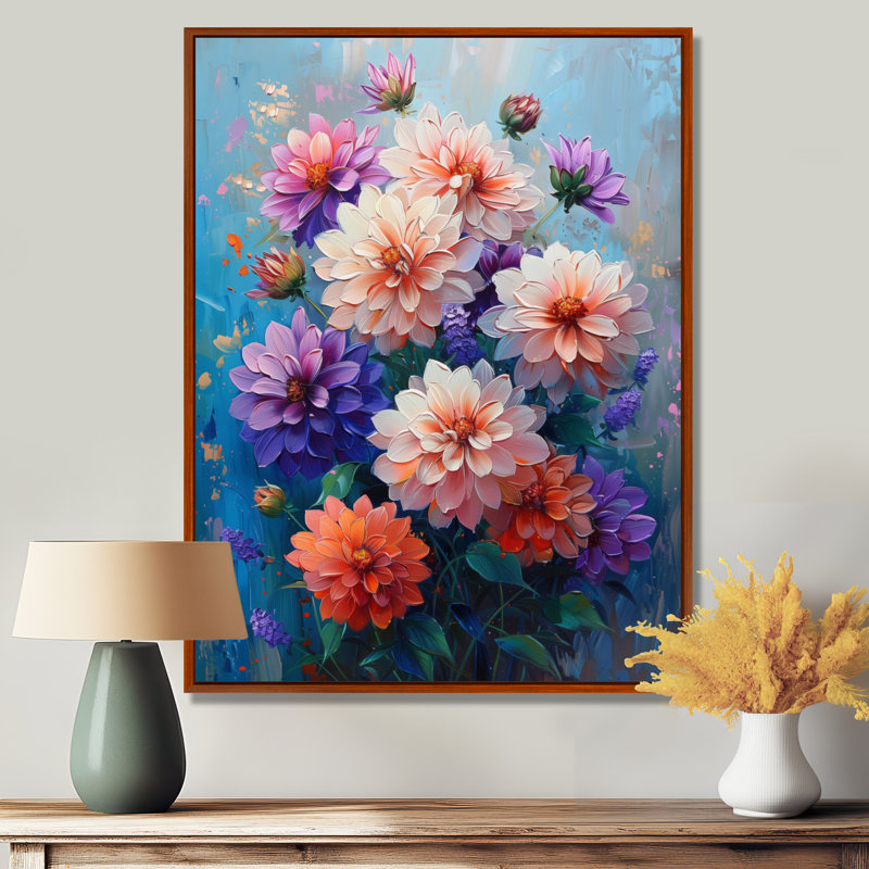 Danse des fleurs de dahlia rose bleu, collage II - décoration murale Dahlia, Cadre flottant brun, H 30 po x l 40 po
