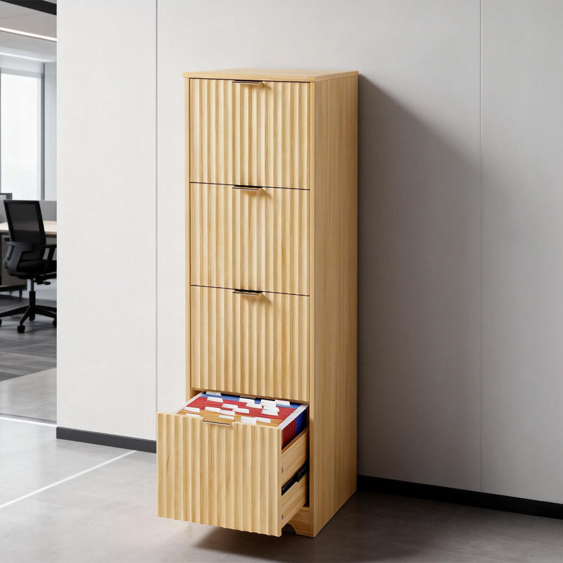 4 Drawer Wooden File Cabinet Wood Grain Finish Fluted Design P2 MDF & Particleboard