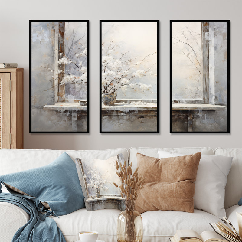 Neige près de l'hiver, vue de fenêtre 1 - Japon, art mural, H 28 po x l 36 po x P 1 po, Cadre flottant noir