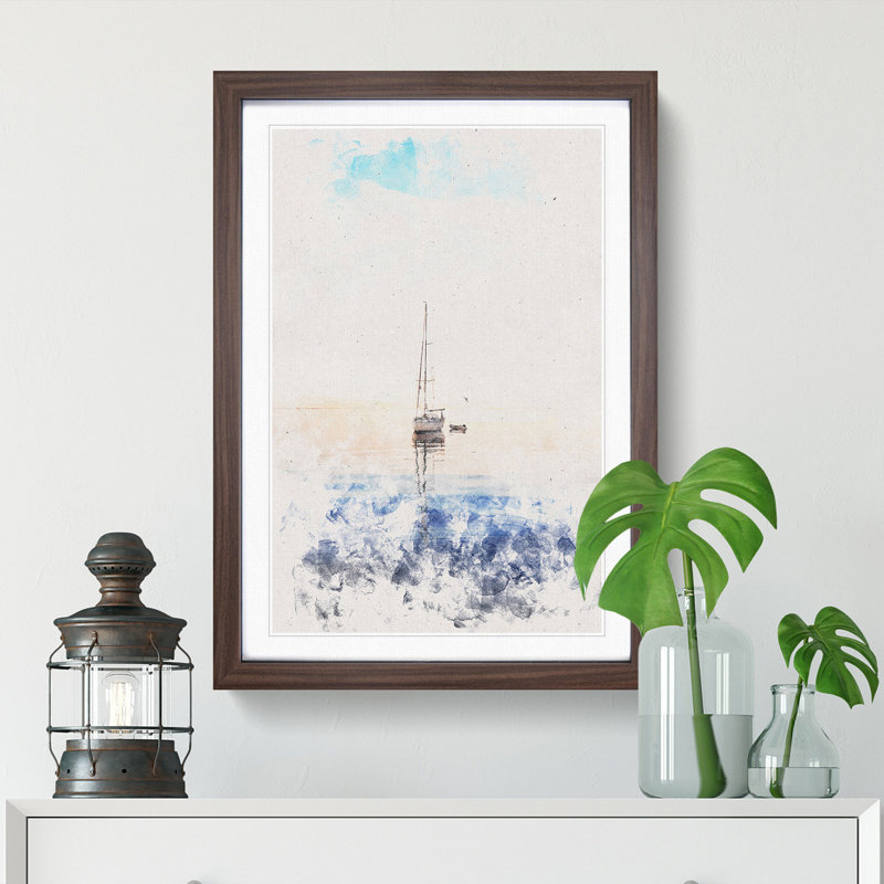 Lone Sailboat - Picture Frame Painting Print, 33cm H x 24cm W x 2cm D, Walnut Framed