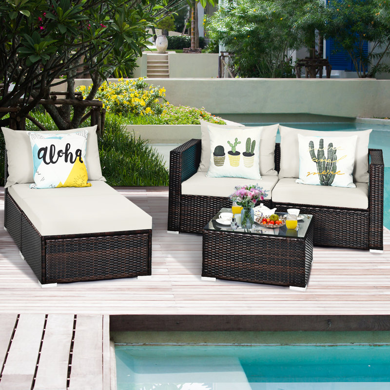 Ensemble de conversation pour patio en rotin 5 pièces avec repose-pieds et table basse, Blanc
