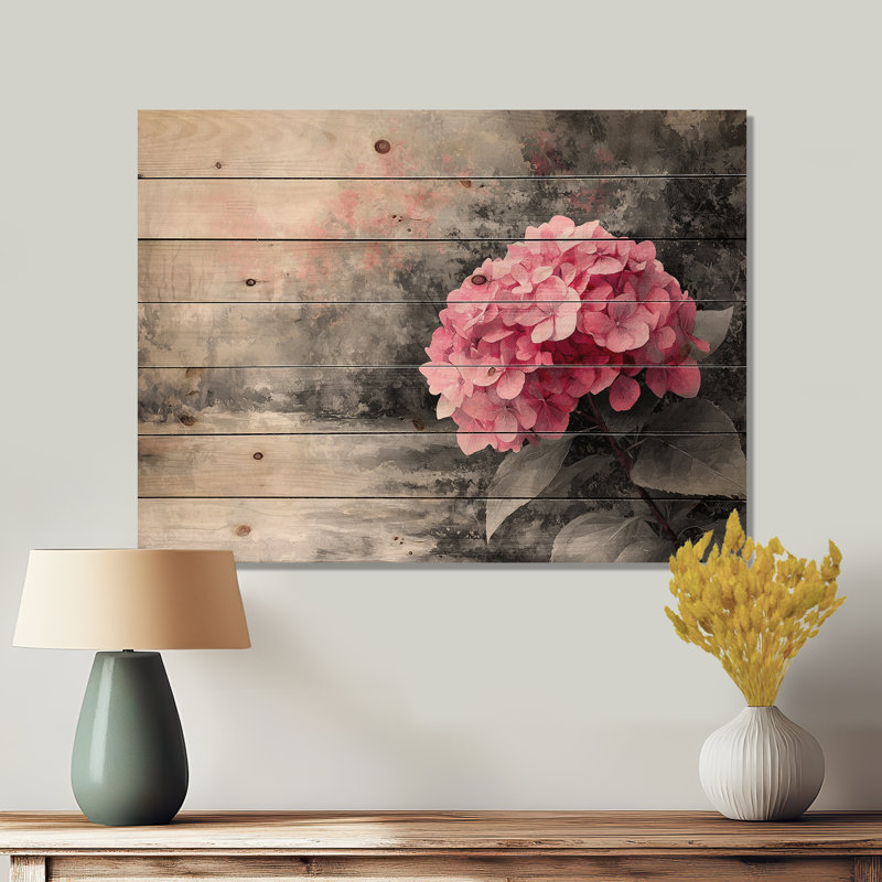 Hortensia en lumière rétro II - impression sur bois d'hortensia - sur bois de pin naturel, H 34 po x l 44 po