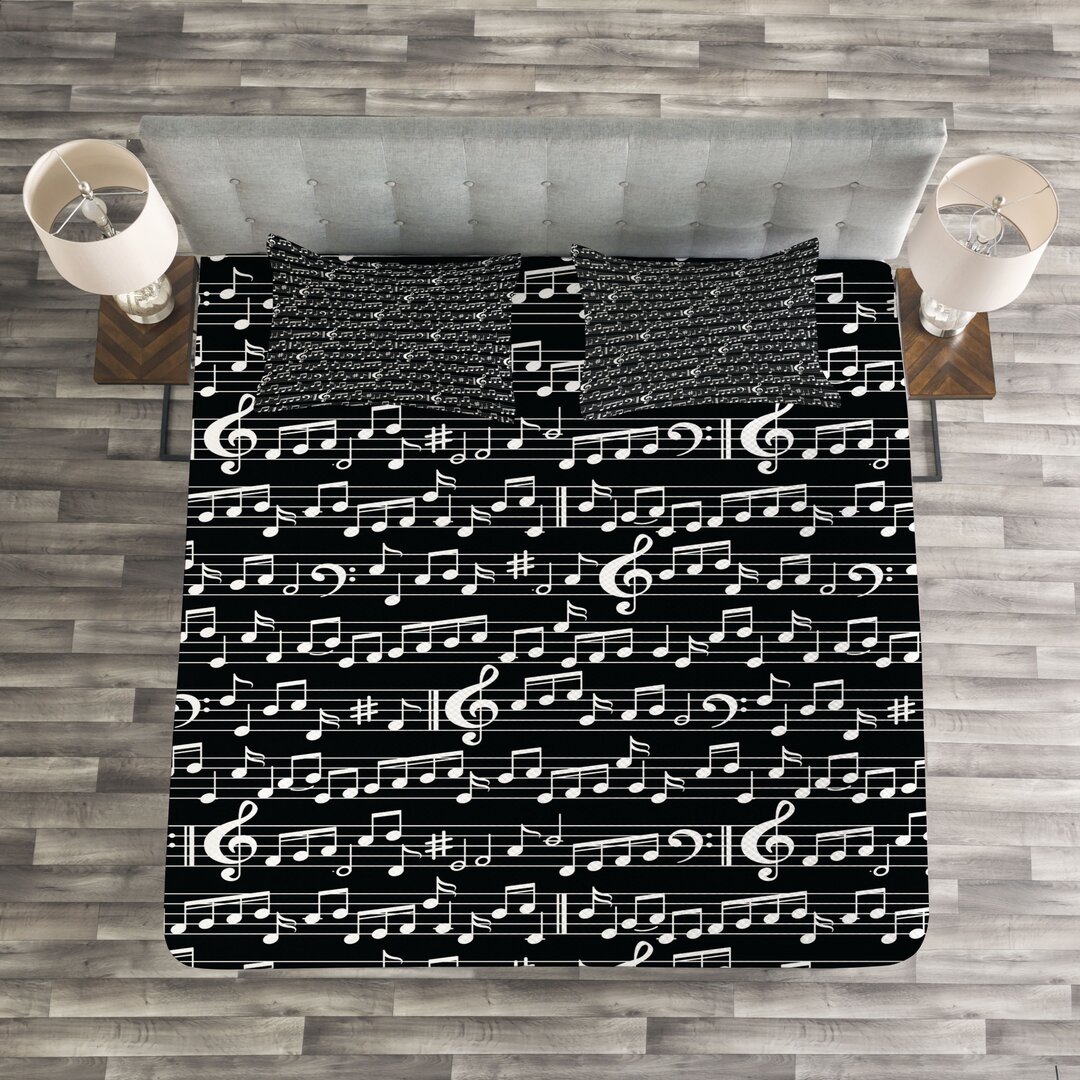 Gestepptes Bettdecken-Set, Musical Note Drucken, Schwarz, Schwarz und Weiß