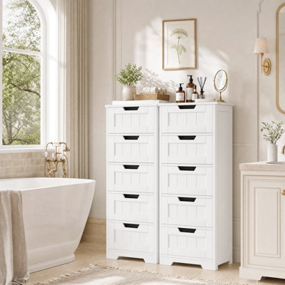 Meuble de salle de bain autoportant en bois blanc, dimensions : 80 cm (L) x 102 cm (H) x 30 cm (P), avec 10 tiroirs.