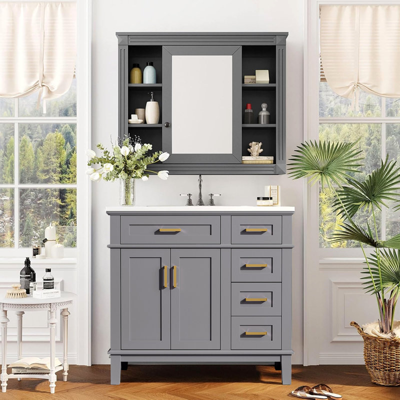 Bathroom Vanity With Ceramic Sink,soft Close Doors,4 Drawers For Storage, Grey