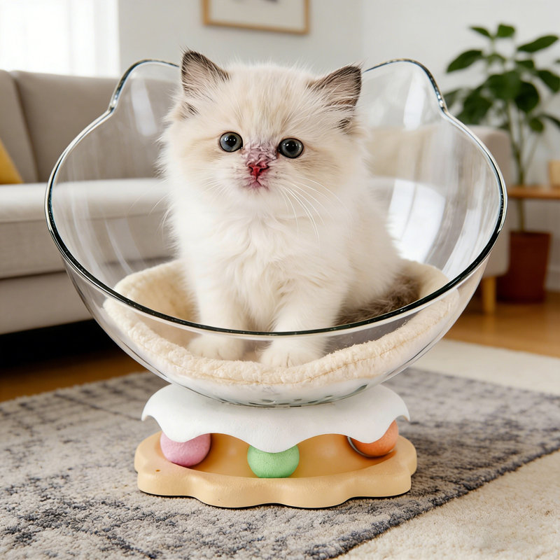 Lit pour chat avec chat pour les petits chats, dôme en PET transparent avec trous d'aération et porte-baguette, lit pour chat compact (L 11,8 po)