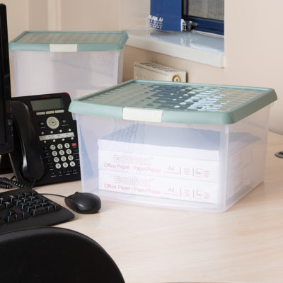 Wham Clip 2x 13.2L Square Plastic Storage Boxes with Secure Clip Lock Lids. L:39.5 x W:39.5 x H:12cm Clear/Green Milieu/Stone