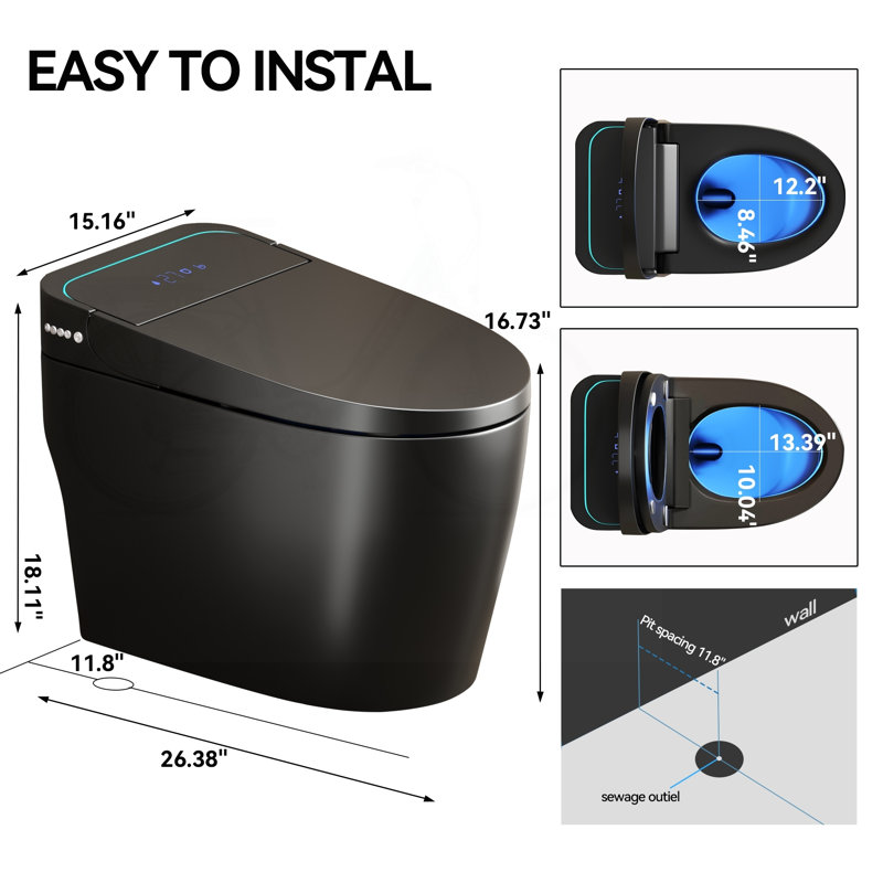 Toilette bidet intelligente unique en noir avec ouverture / fermeture automatique et télécommande