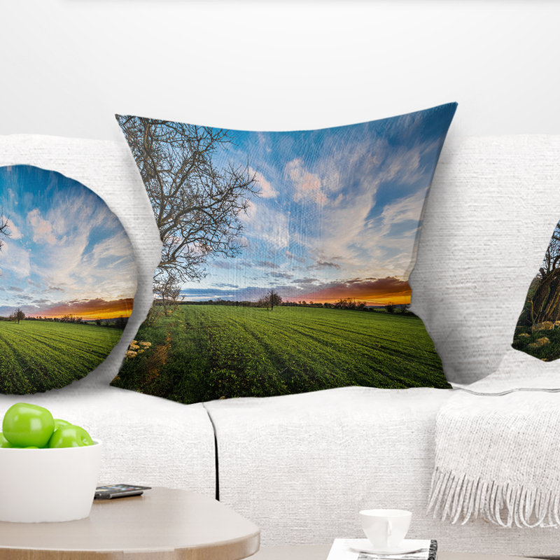 Coussin vert pastel sous un ciel bleu, 16 po x 16 po, Coussin décoratif