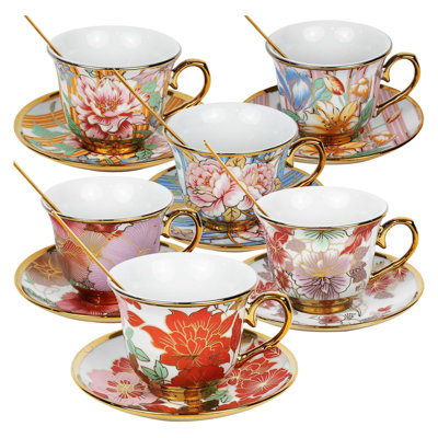Set of 6 8oz Vintage Floral Ceramic Tea Cups with Saucers