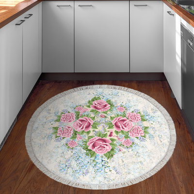 Tapis rond en polyester tissé à la machine gris / rose / vert