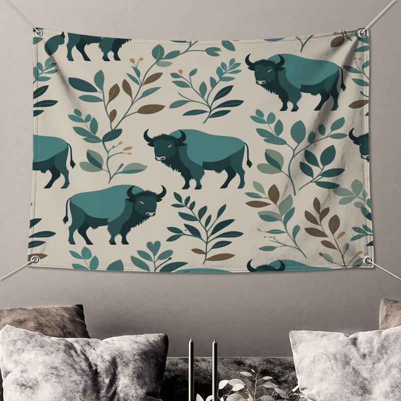 Tapisserie murale bison avec feuilles - Décoration murale bison, H 68 po x l 80 po avec 4 œillets
