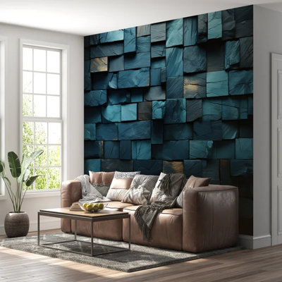 Modern 3D Teal Stone Block Wallpaper – Abstract Geometric Wall Panel Design In Deep Ocean Tones