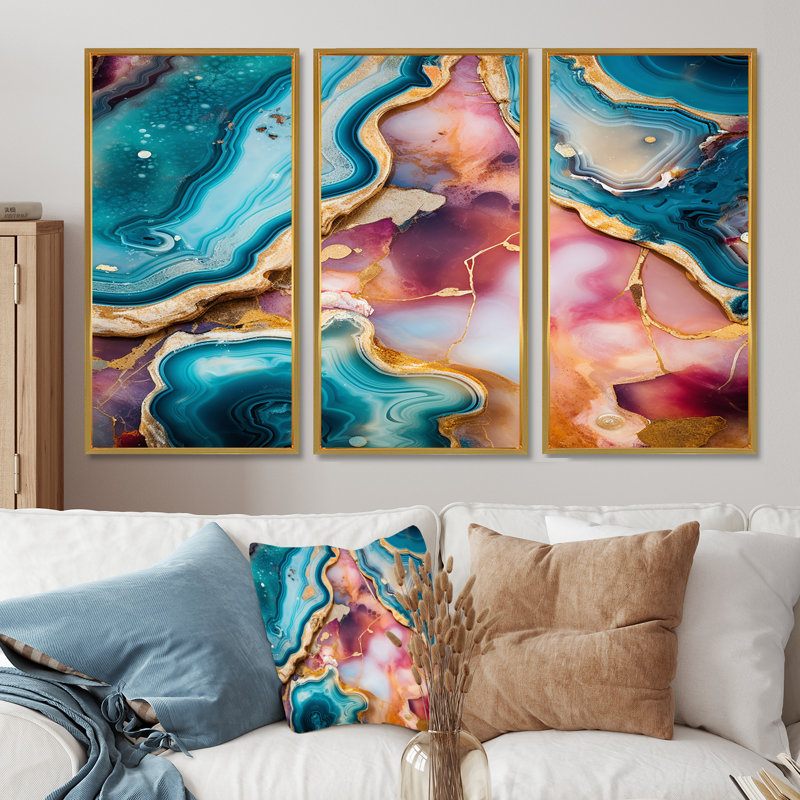 Jaelynn - Ensemble de décoration murale en marbre, Cadre flottant doré, H 32 po x l 48 po x P 1 po