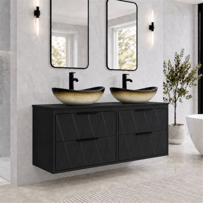 48" Wall Mounted Floating Double Bathroom Vanity with Artistic Vessel Sinks, Hand-Painted, 4 Soft-Close Drawers