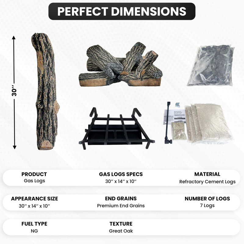 Ensemble de bûches au gaz Great Oak, 30 po (ouverture minimale: H 16 po x l avant 36 po, Gaz naturel