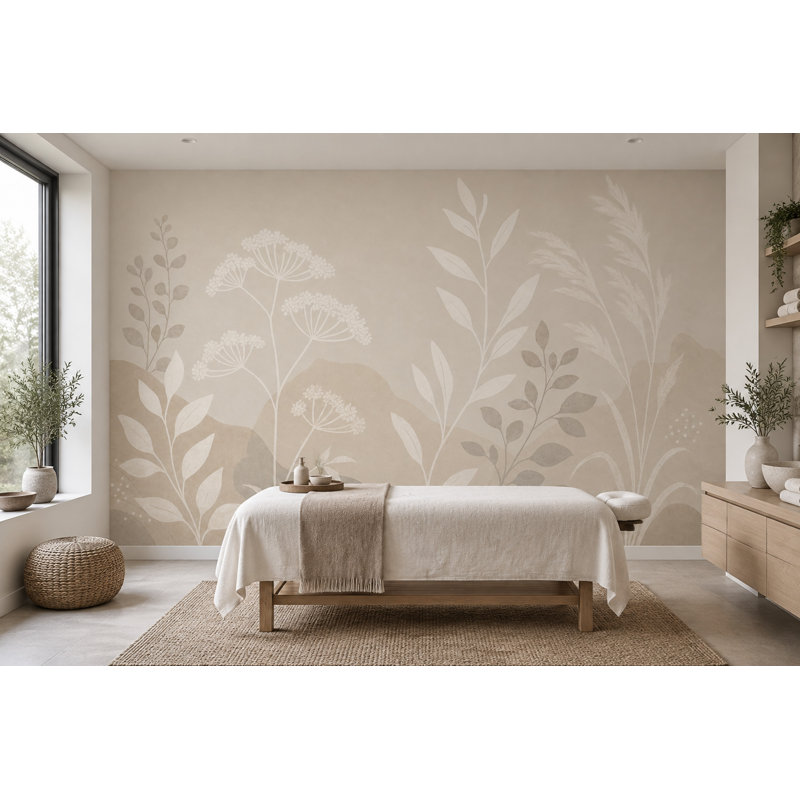 Papier peint floral neutre à motifs de graminées sauvages et de fleurs sauvages. Fresque murale botanique., 160 po x 108 po