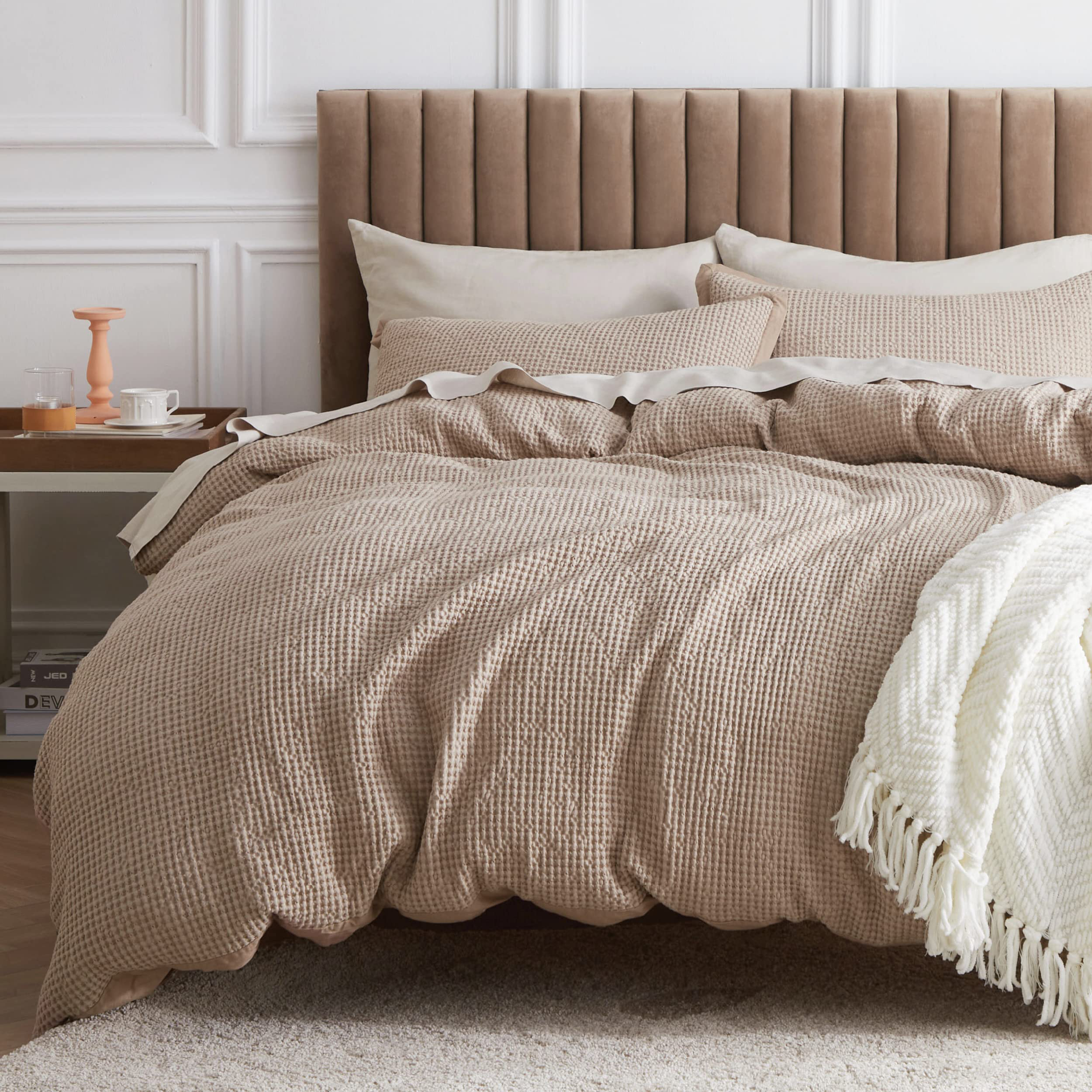Essential Collection 100% Cotton Waffle Weave Duvet Cover Set - Khaki, Twin Duvet Cover + 1 Standard Sham